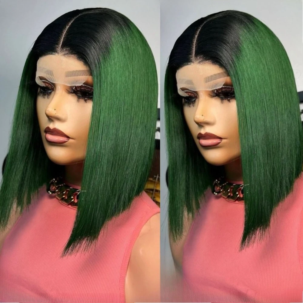 

Зеленые прямые синтетические парики омбре с кружевной передней частью, плотность 180%, 13x4 HD, короткие парики омбре зеленого цвета для повседневного использования, косплея и вечеринок