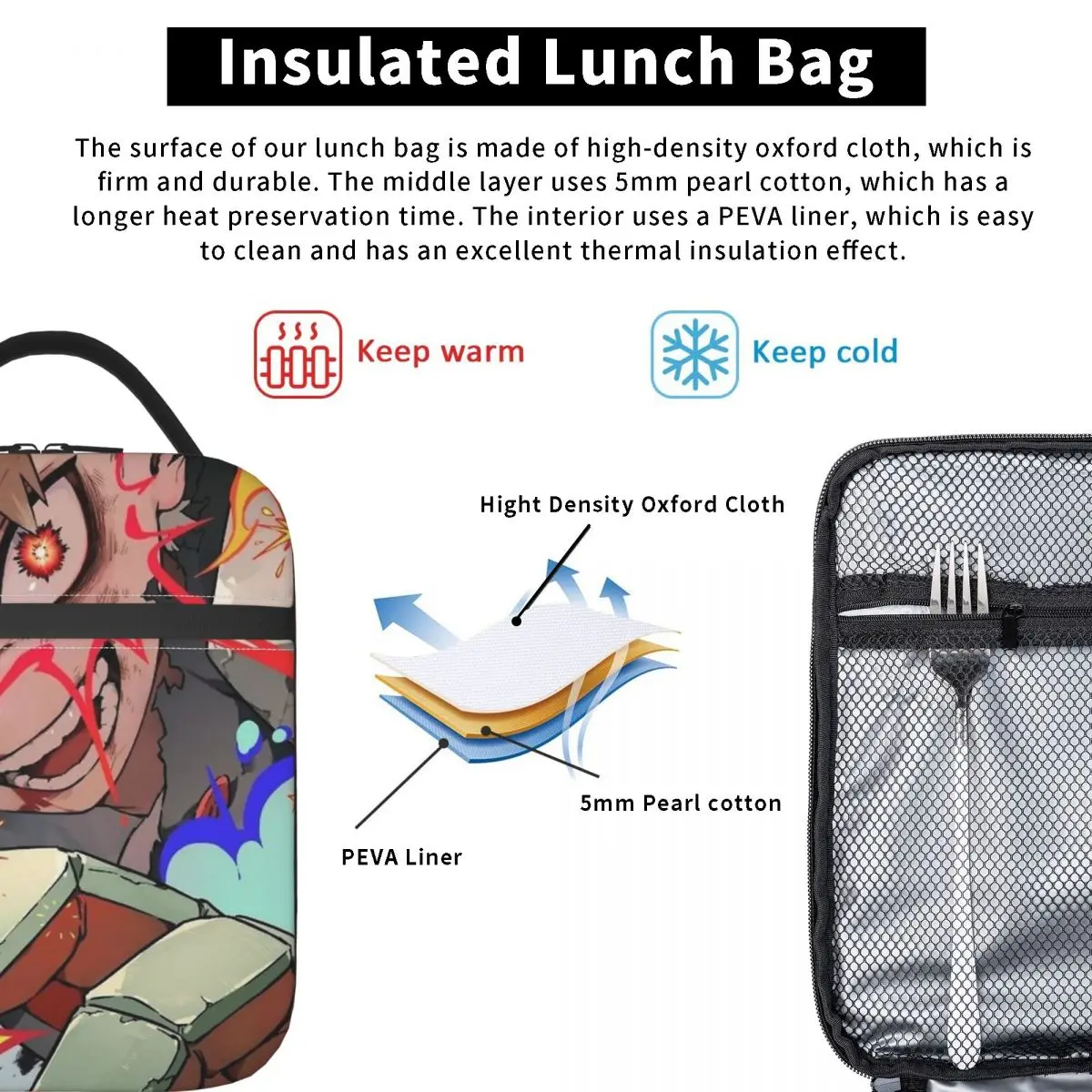 أكياس الغداء المعزولة من كاتسوكي باكوغو، حاوية وجبة كبيرة، حقيبة حرارية، صندوق الغداء، حقيبة طعام للسفر والمكتب