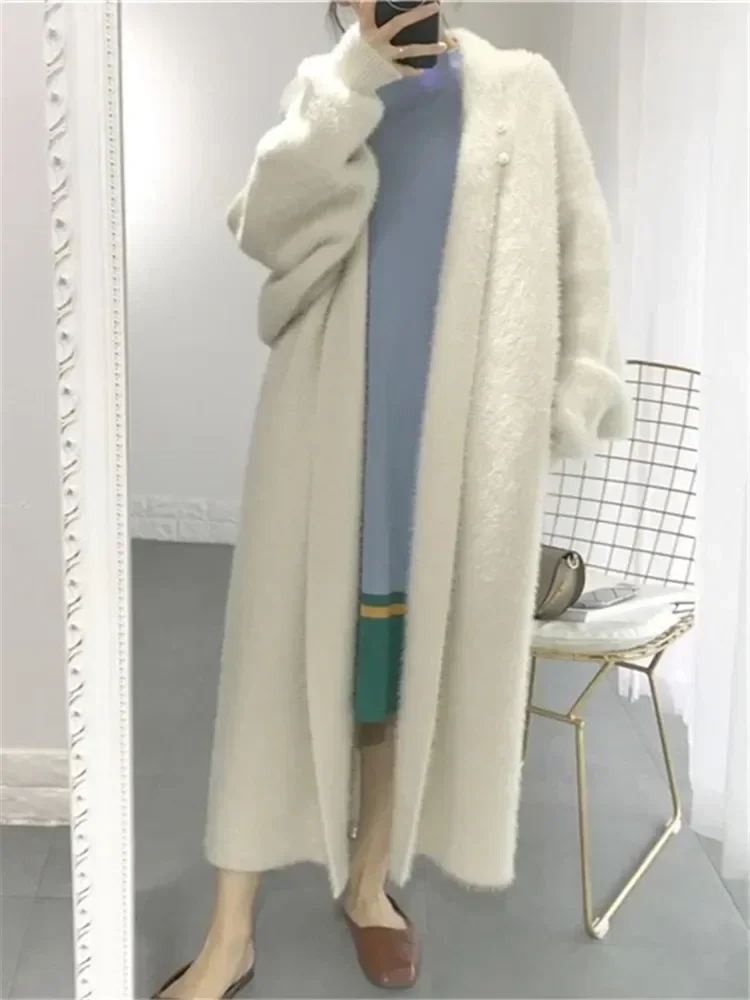 New Fall Winter Fashion Mink fleece Sweater Loose Casual Oversize Soft Cashmere Long Cardigan Jacket Chic Wool Warm Knitted Coat