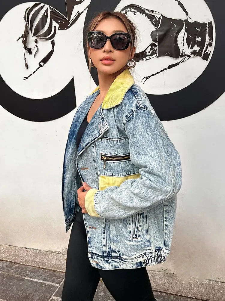 Hit Color Single Breasted Jackets For Women Lapel Long Sleeve Patchwork Pocket Loose Casual Denim Jacket Female Fashion New