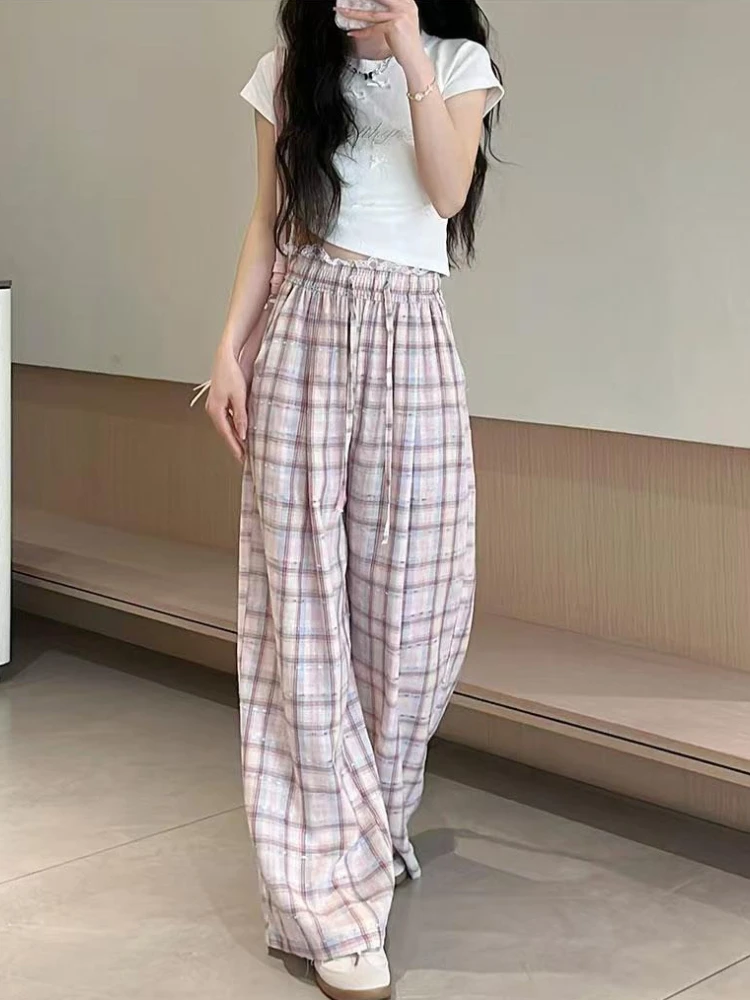 レディース チェック柄 パンツ 高品質 クロップド丈 ミディアム Gトレンド 2025 クラシック XXL 90年代風 ウェア エステティック ワイドレッグパンツ