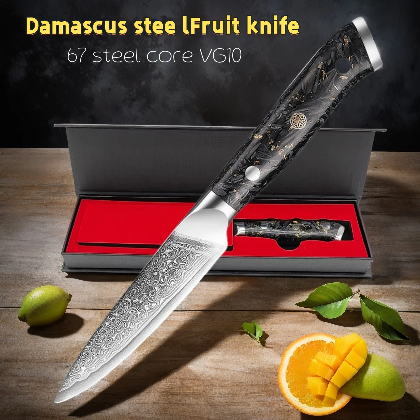 

3.5" Damascus Steel Fruit Knife Paring Knife 67 Layer VG10 Core Gold Foil Carbon Fiber Handle Gift Box Utility Cooking Tools