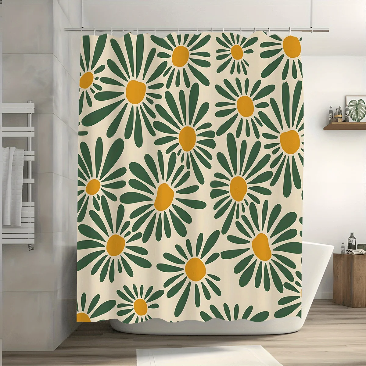 

"Retro Daisy Pattern Waterproof Shower Curtain, Green and Yellow Floral Design for Vintage Bathroom Decor"