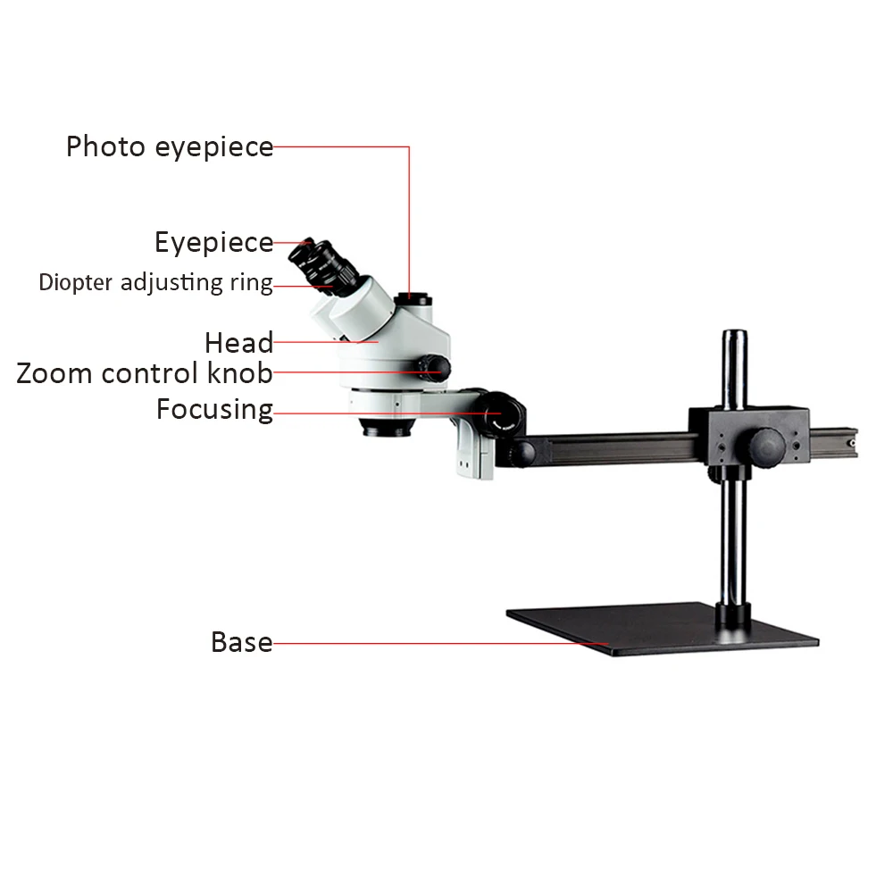 Mikroskop Trinocular pintar, 7X-45X mikroskop komponen presisi braket pilar logam, tes pemeliharaan lampu cincin LED