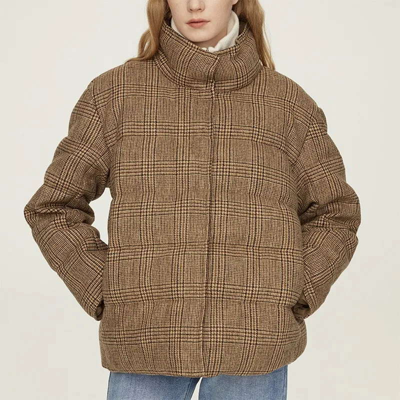 Down Jackets 100% Wool Plaid White Goose Down Coat Autumn Winter Thickening Standing Collar Long Sleeve Bread Coat Short Jacket