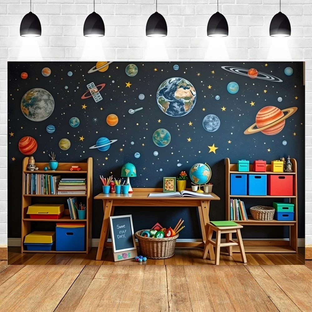 Children Back to School Backdrop Classroom Book Pencil Blackboard Universe Planets Kids Portrait Birthday Party Photo Background