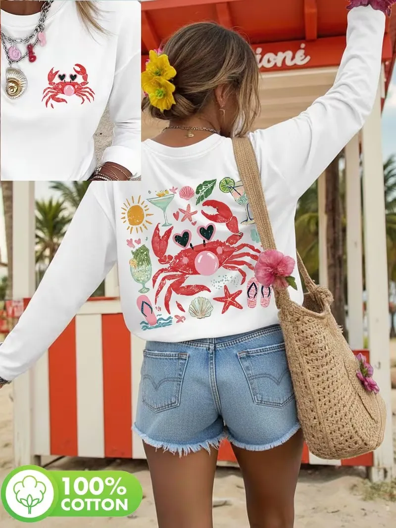 90er Y2K Mode Lustiges Strandurlaub Langarm-T-Shirt 100% Baumwolle Grafik Lässiges O-Ausschnitt Damen-T-Shirt Herbst Winter – Detail 3