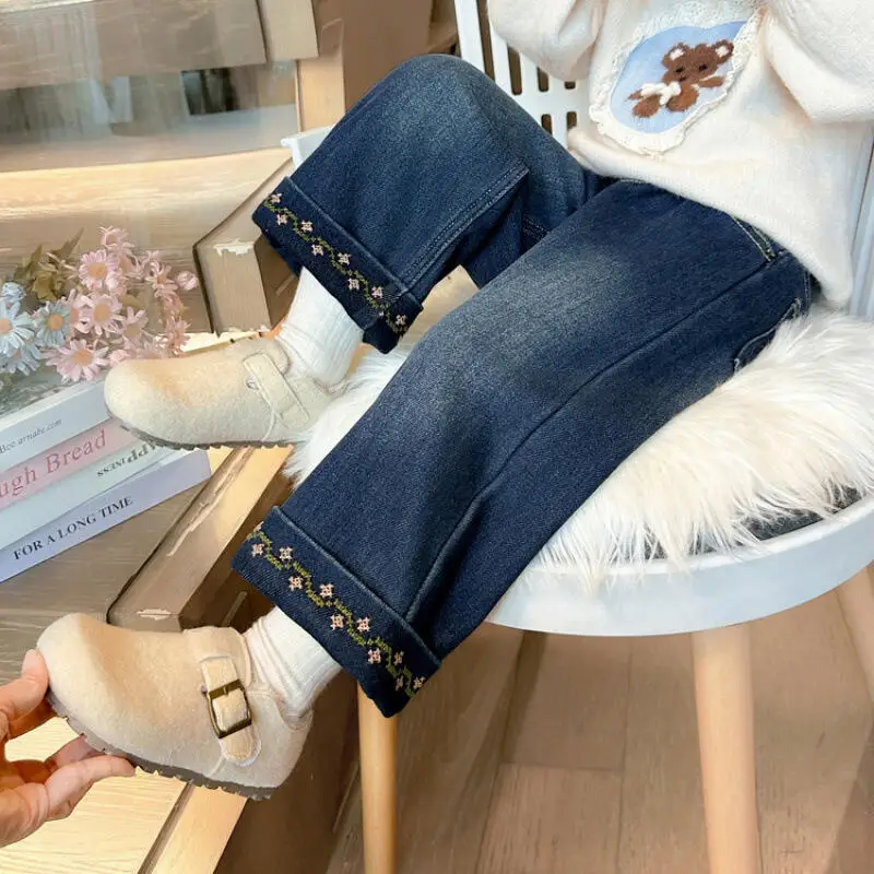 

Утепленные прямые брюки для девочек, зима-осень, джинсы с принтом, детская универсальная теплая кавайная модная новая стильная повседневная одежда