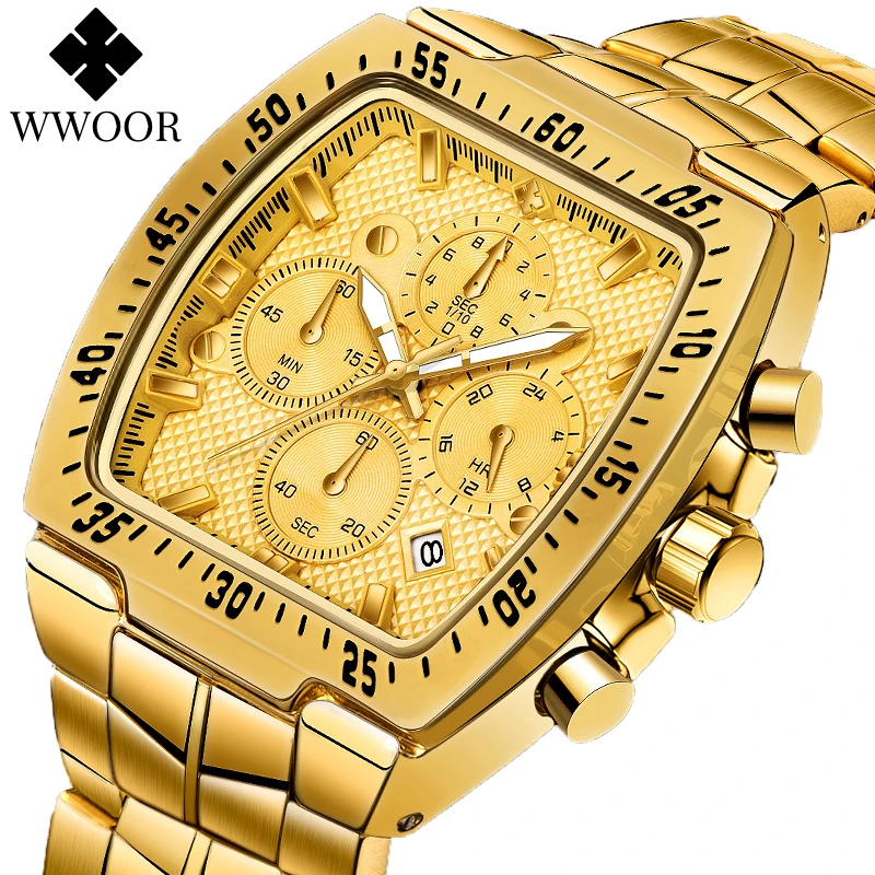 WWOOR 2024 New Sports Military Watches Men Luxury Gold Square Quartz Waterproof Wristwatch Fashion Chronograph Relogio Masculino