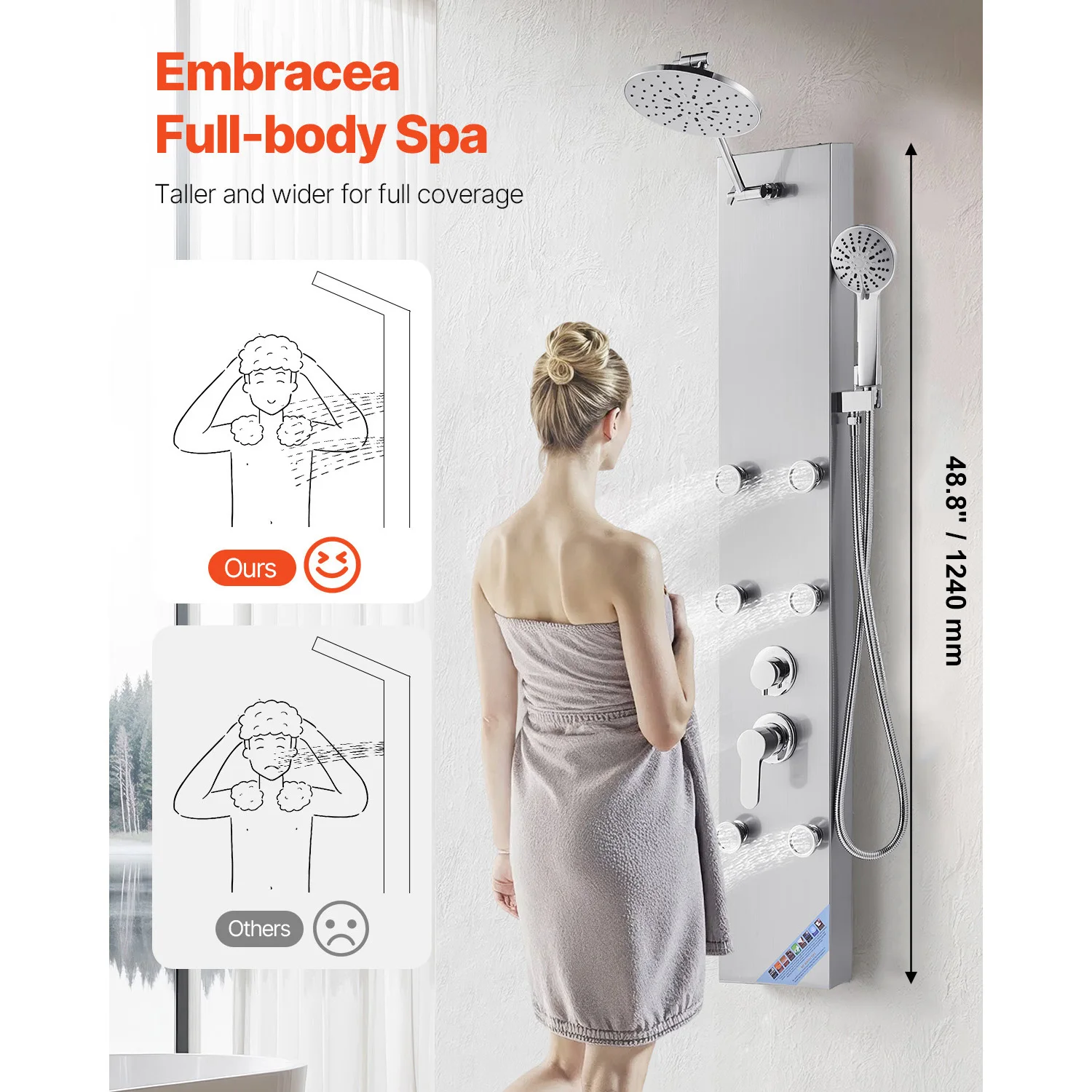 VEVOR Shower Panel Tower System with Rainfall Shower Head 49 inch Brushed Stainless Steel Shower Column 3-Function Faucet