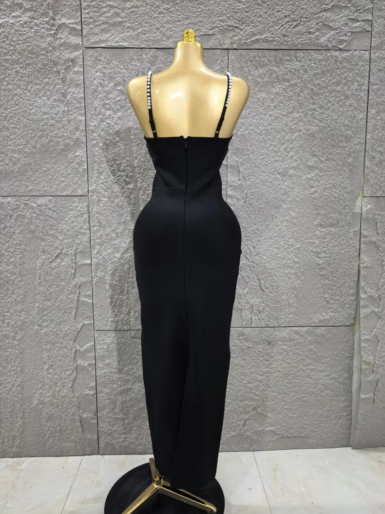 Robe longue à bandes pour femmes, couleur noire, sans manches, bretelles Sexy, col carré, moulante, élégante, tenue de soirée, de célébration d'anniversaire