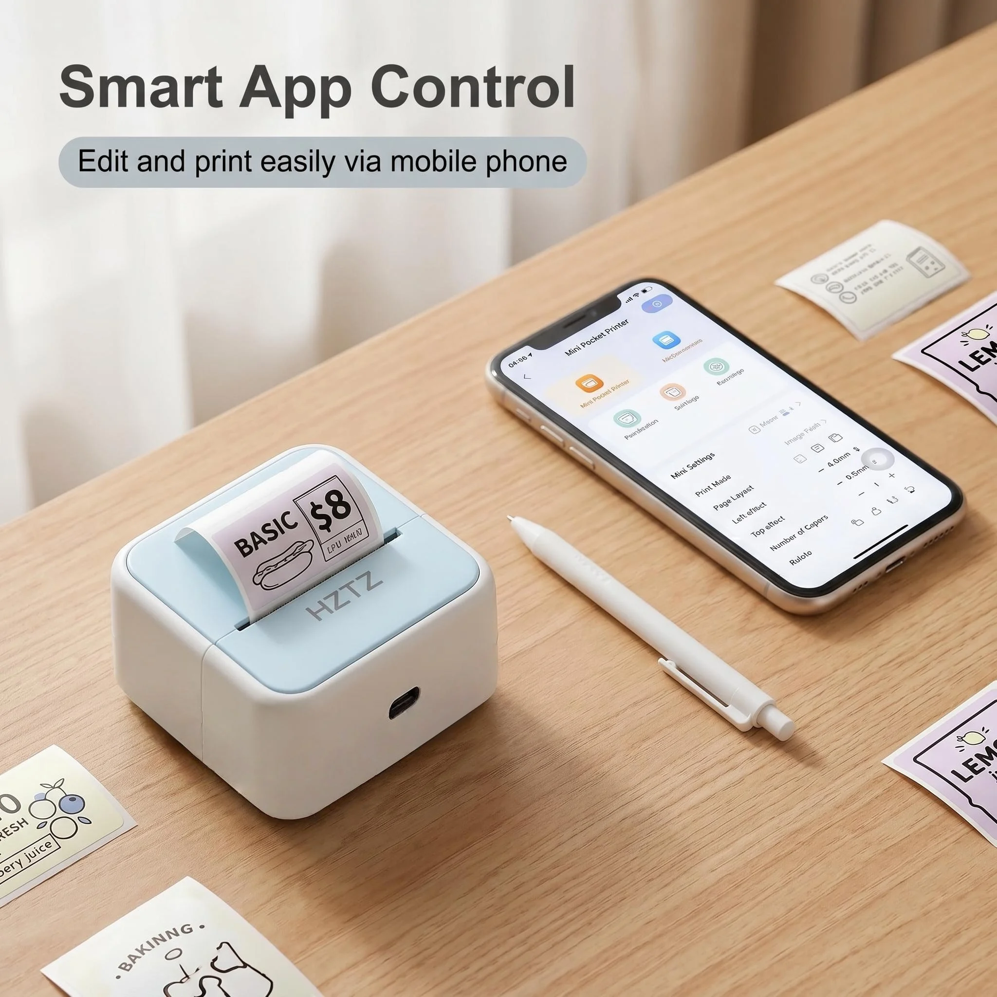 HZTZ S1 Pastel Mini Pocket Thermal Printer Inkless Sticker Maker, Compatible with Android iOS for Fun Journal & Label Creation