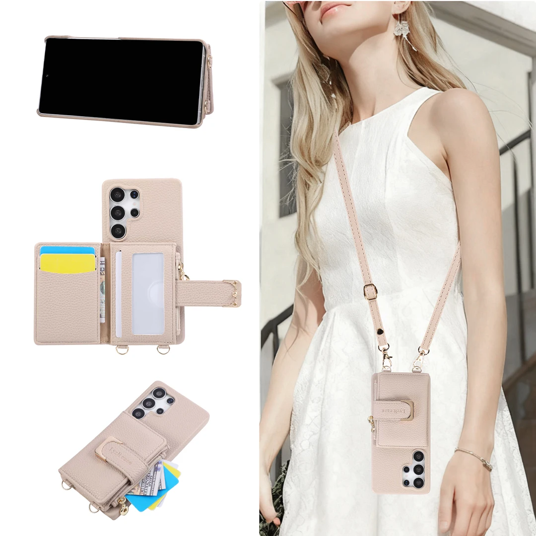 Luxury Crossbody Leather Zipper Purse Card Holder Wallet Case For Samsung Galaxy S26 Ultra S25 S24 FE S23 Plus S22 Stand Cover