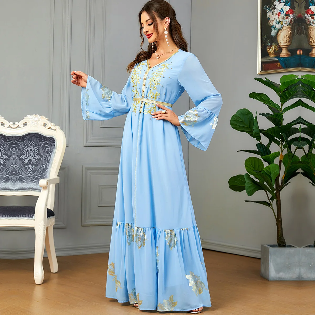 Multicolor bronzing embroidered Dubai dress muslim clothing women's clothing