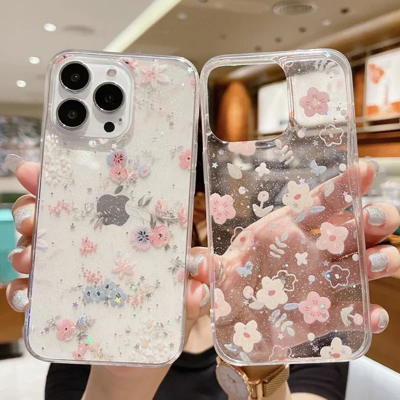 

Shining Glitter Star Flowers Case For Iphone 14 13 12 11 Pro XS Max Mini X XR 7 8 Plus SE2 Ultra-thin Transparent Soft Tpu Cover