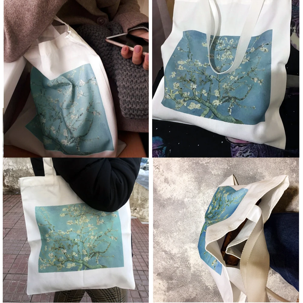 Sac de Shopping en toile avec image de peinture à l'huile pour femmes, fourre-tout Harajuku Ulzzang Grunge imprimé Double face