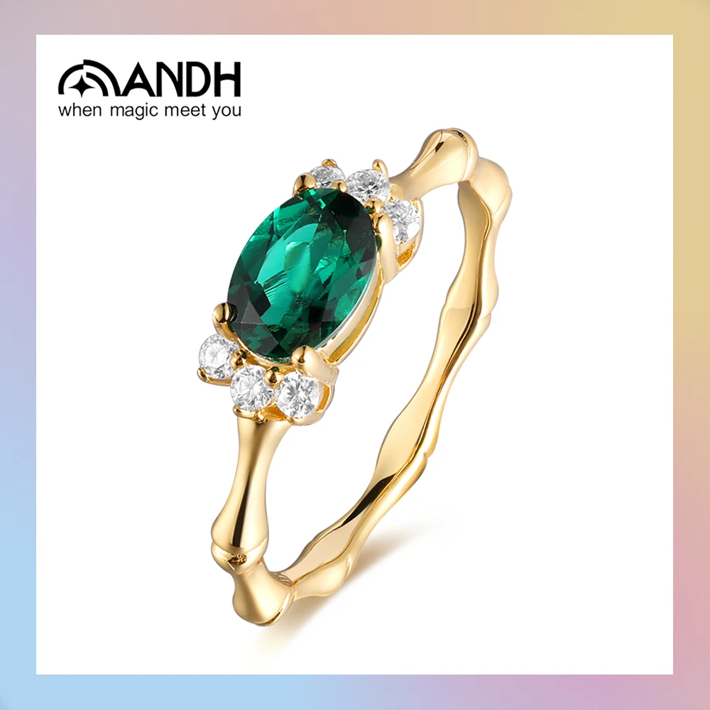 

ANDH Oval Cultured Emerald Moissanite Ring for Women 14K Gold Plated Bamboo Knot Design Anniversary Wedding Engagement Jewelr