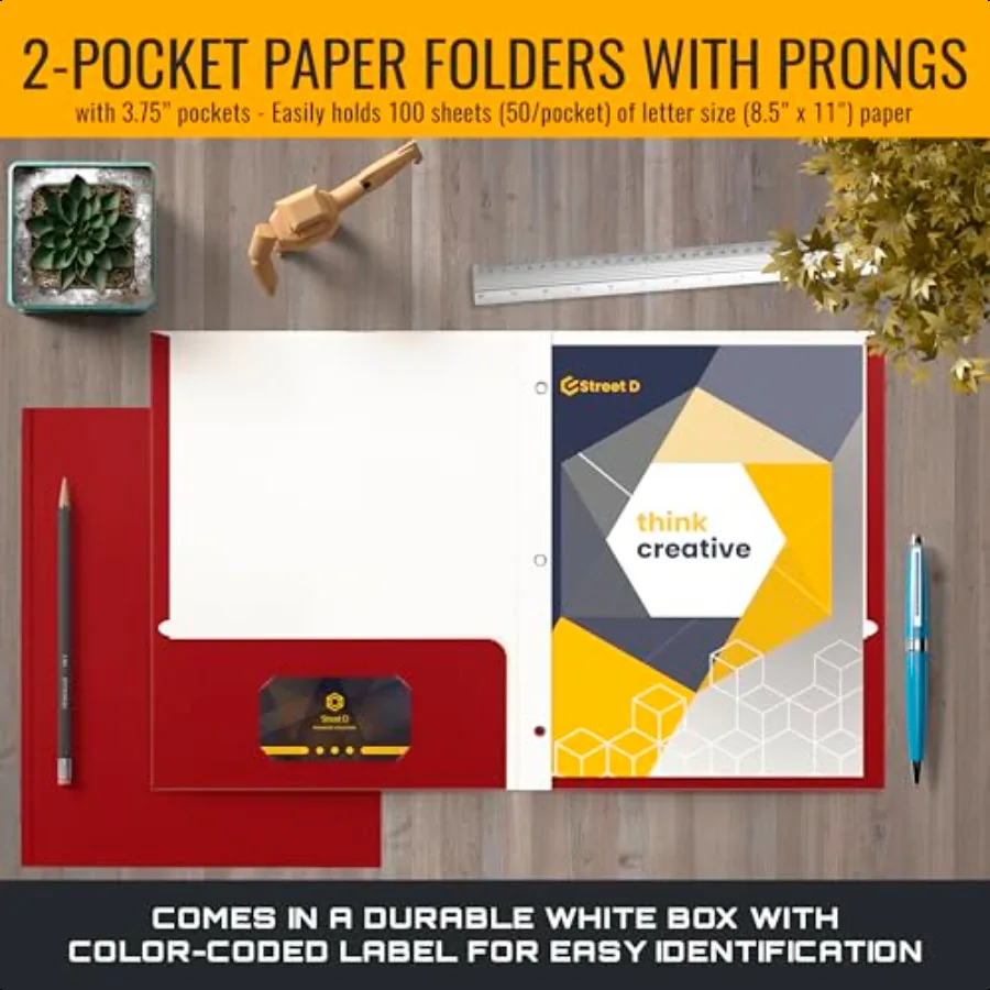 Red Paper 2 Pocket Folders with Prongs 50 Pack Matte Texture Letter Size Paper Folders 50 Pack with etal Prong Fastener Clips R