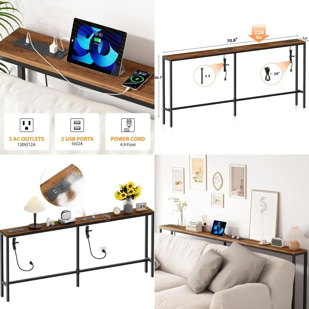 

71 Long Skinny Console Table with 2 Outlets, Rustic Brown Wood for Entryway, Living Room, Hallway, Foyer