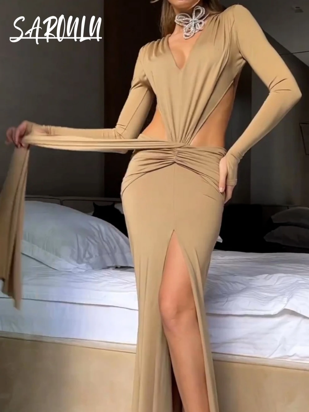 

Sexy V Neck Backless Evening Dress Pleated High Split Prom Gown Solid Color Popular Club Party Women Wear Fast Shipping