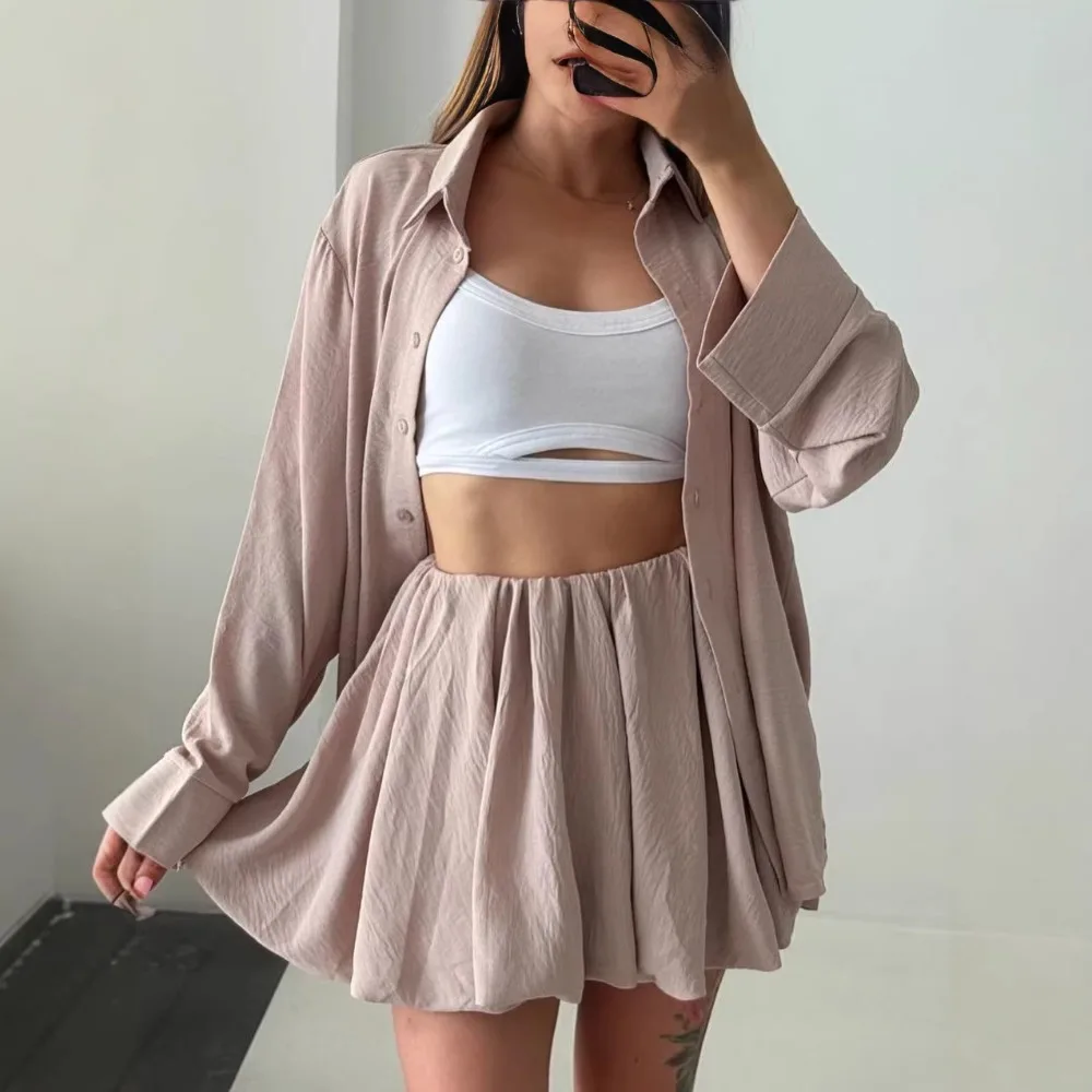 2026 Summer New Women's Solid Color Long Sleeved Top with Ruffle Edge Shorts Set Fashionable and Casual Two-piece Sets