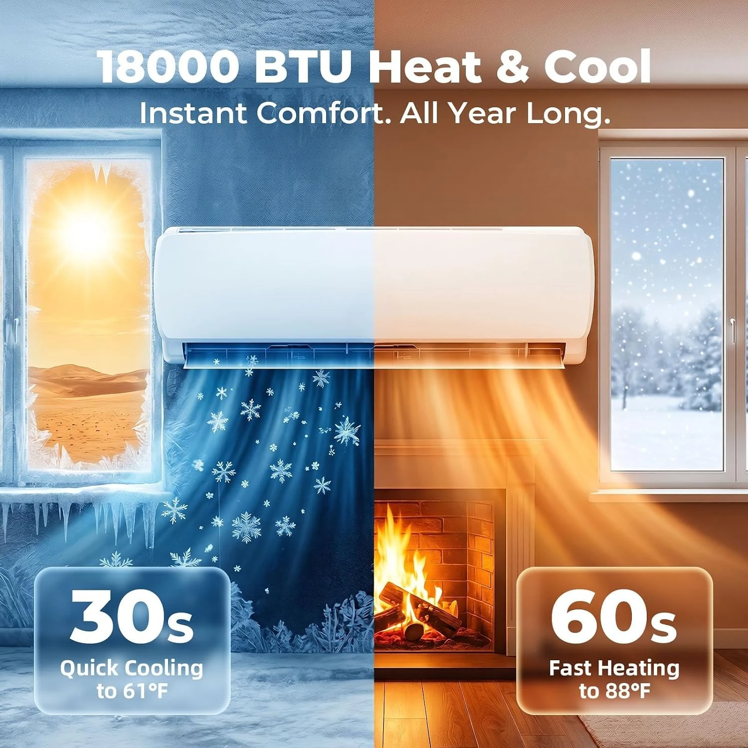 18000 BTU Mini Split AC & Heat Pump, WiFi Alexa Inverter System, 19 SEER2 R32, 230V 1200 Sq.Ft, w/Kit & Remote, Custom