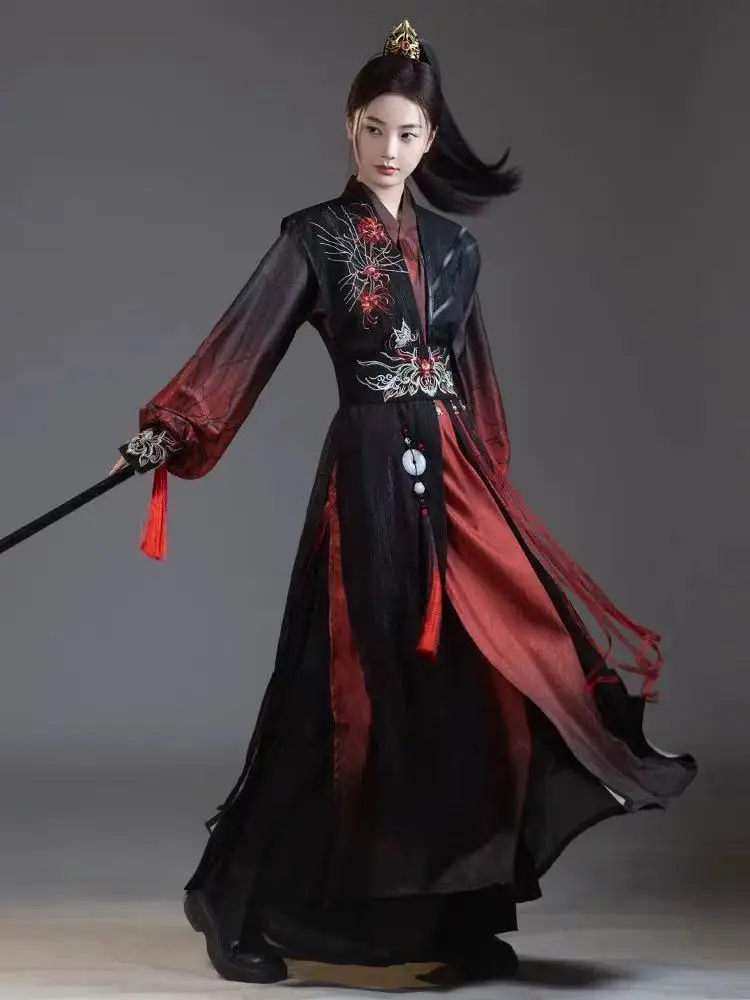 

Black Red Spider Embroidery Hanfu Men Women Han Elements Long Shirt Beizi Skirt Niche Anime Game Halloween Event Cosplay Suit