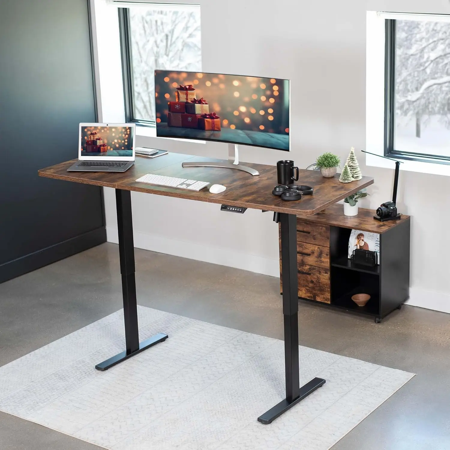 71 x 30 inch Rustic Standing Desk Workstation, Memory Controller Height Adjustment, 1B Series, Vintage Brown Top Black Frame