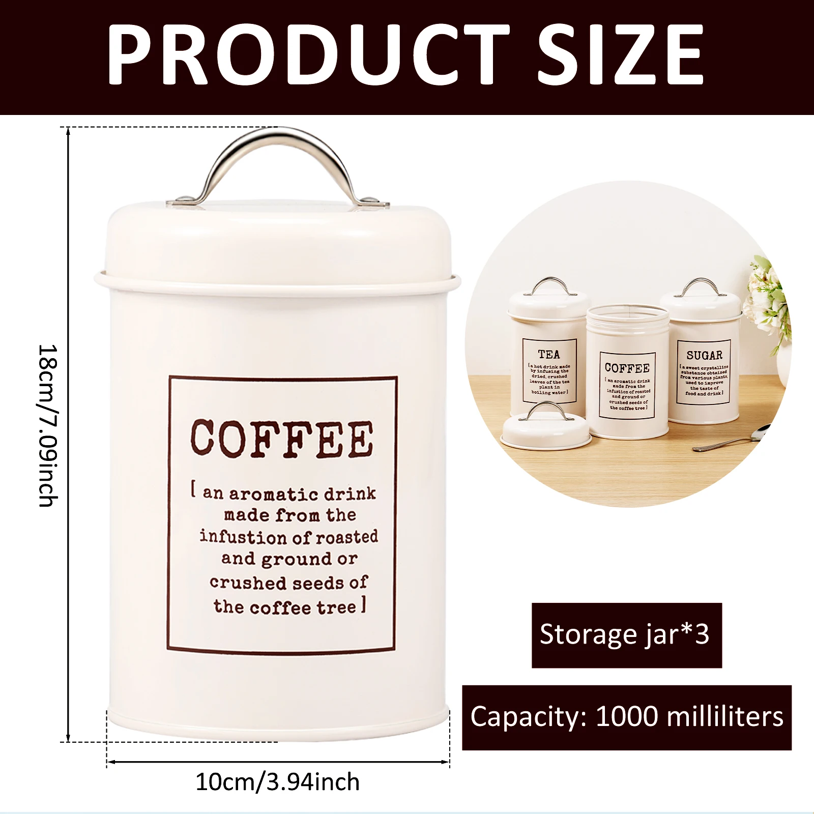 3Pcs Tea Coffee Sugar Canisters Set Space Saving Food Storage Jars Canisters Tea Organizer Airtight Coffee Container for Home