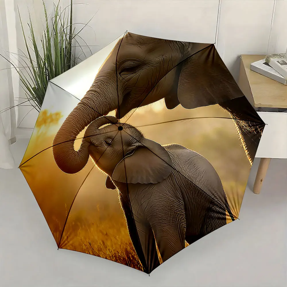1PC Elephants Embrace: Nature Captured on a Unique Umbrella Print 8 Iron Ribs Folding Umbrella Auto-Open Fashion Sunshade