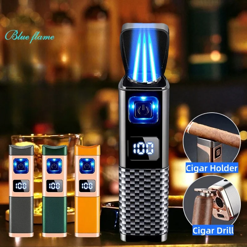 Creative Three-Fire Direct Blue Flame Cigar Special Fire Gathering Lighter Gas-Electric Two-In-One Portable Igniter Men's Gift