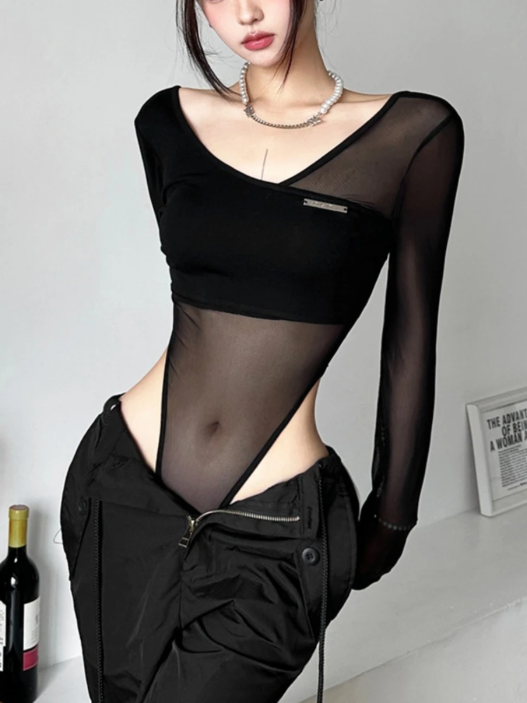 Lencería negra transparente Para Mujer, Top De corsé De una pieza De manga larga, body Sexy con cuello en V y espalda descubierta, otoño