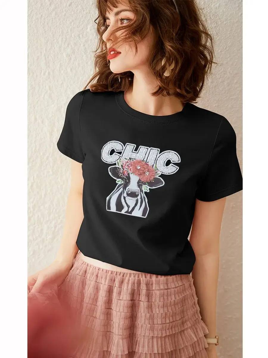 

LOUIS YAO Women T-shirt Round Neck Short Sleeve 2024 Summer New 3D Print Letter Beading Chic Casual Women's Tee Top