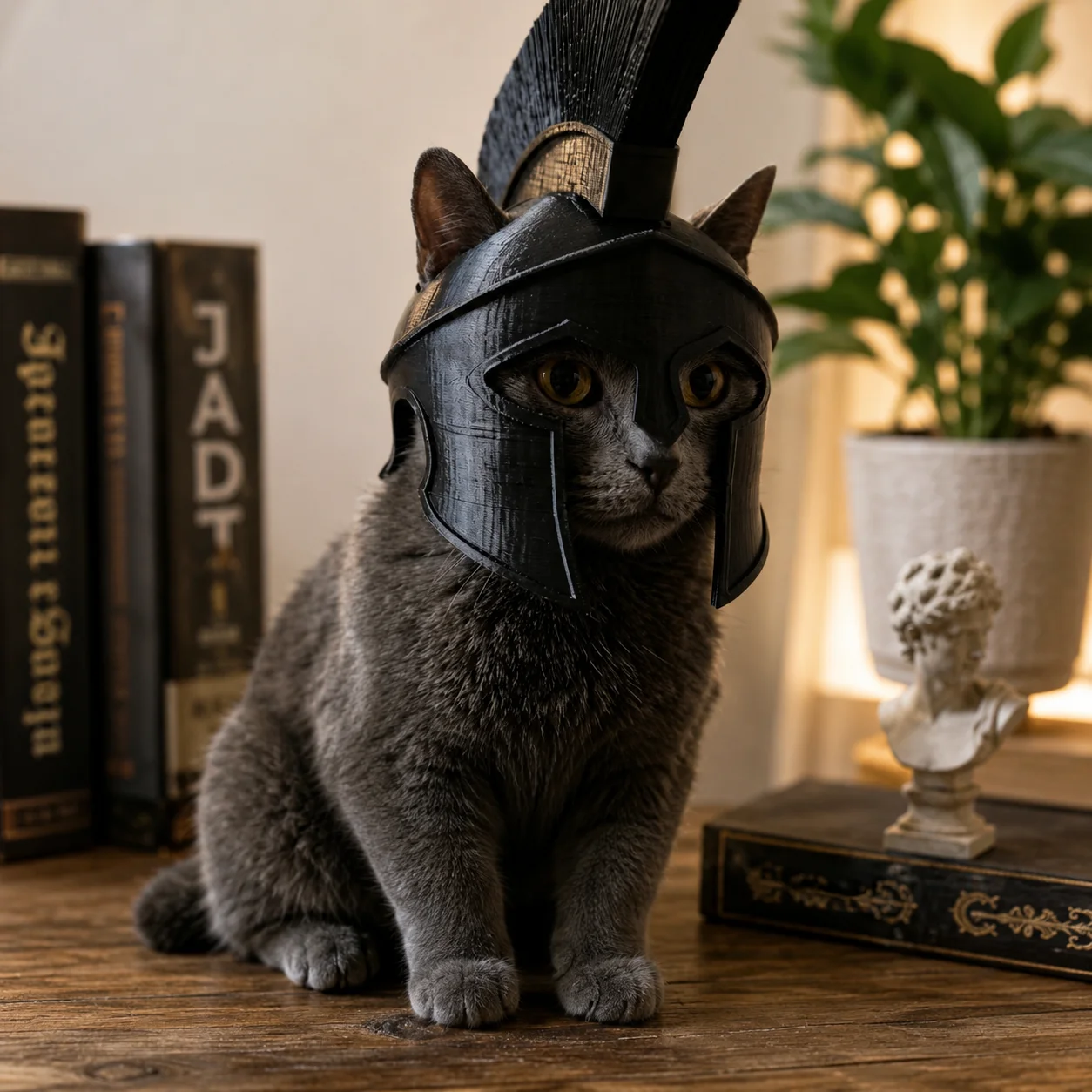3D Printed Cat Spartan Helmet Black Pet Armor Cosplay Headgear Funny Figurine Desk Statue Home Room Decoration Collection Gift