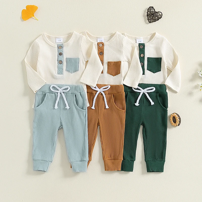 

Spring Autumn Newborn Baby Girls Boys Clothing Sets Ribbed Patchwork Long Sleeve Crew Neck Button Romper Solid Drawstring Pants