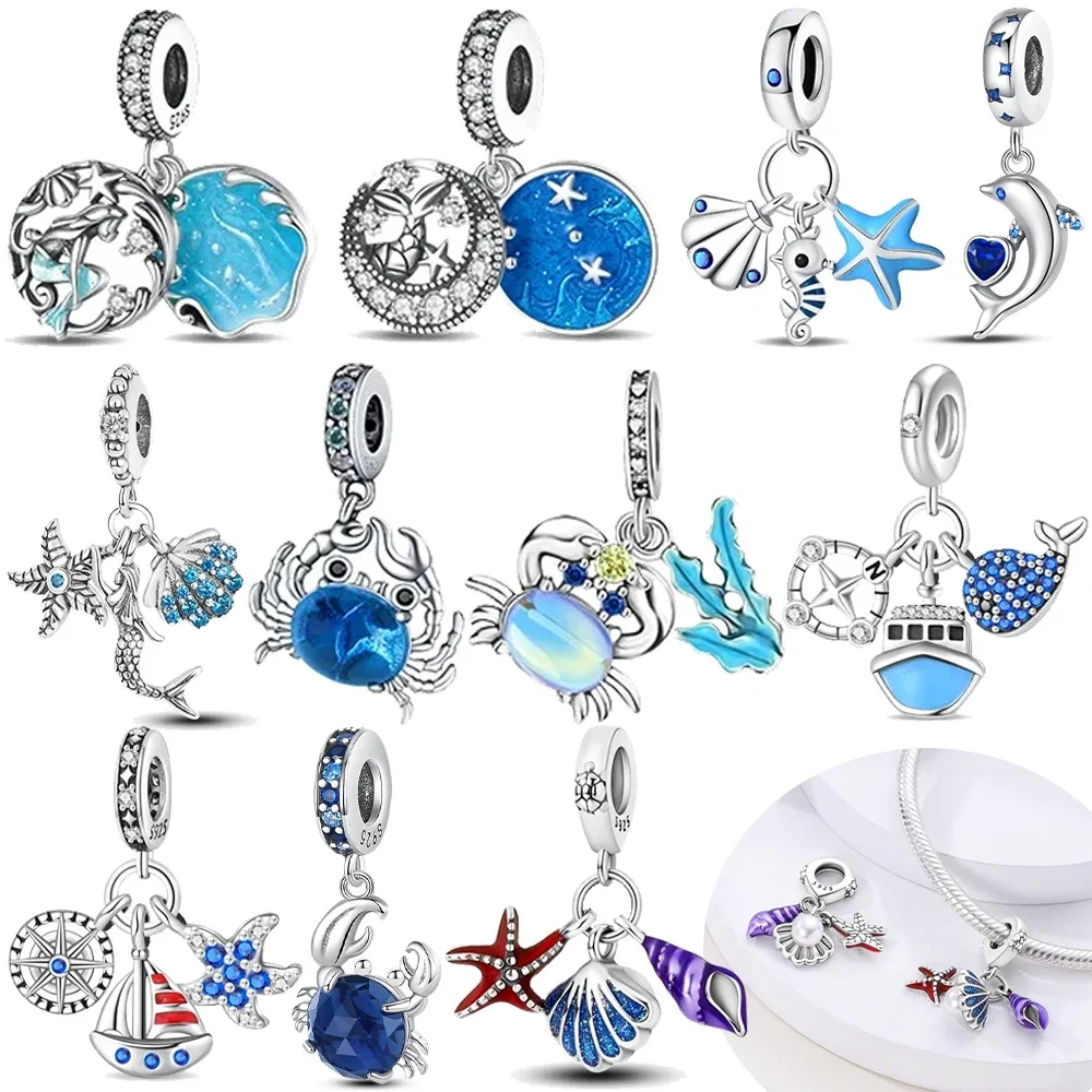 

Original Charms 925 Sterling Silver Blue Marine Animals Crabs Shells Dolphins Beads Fit Bracelet Women Jewelry Making Diy Gift