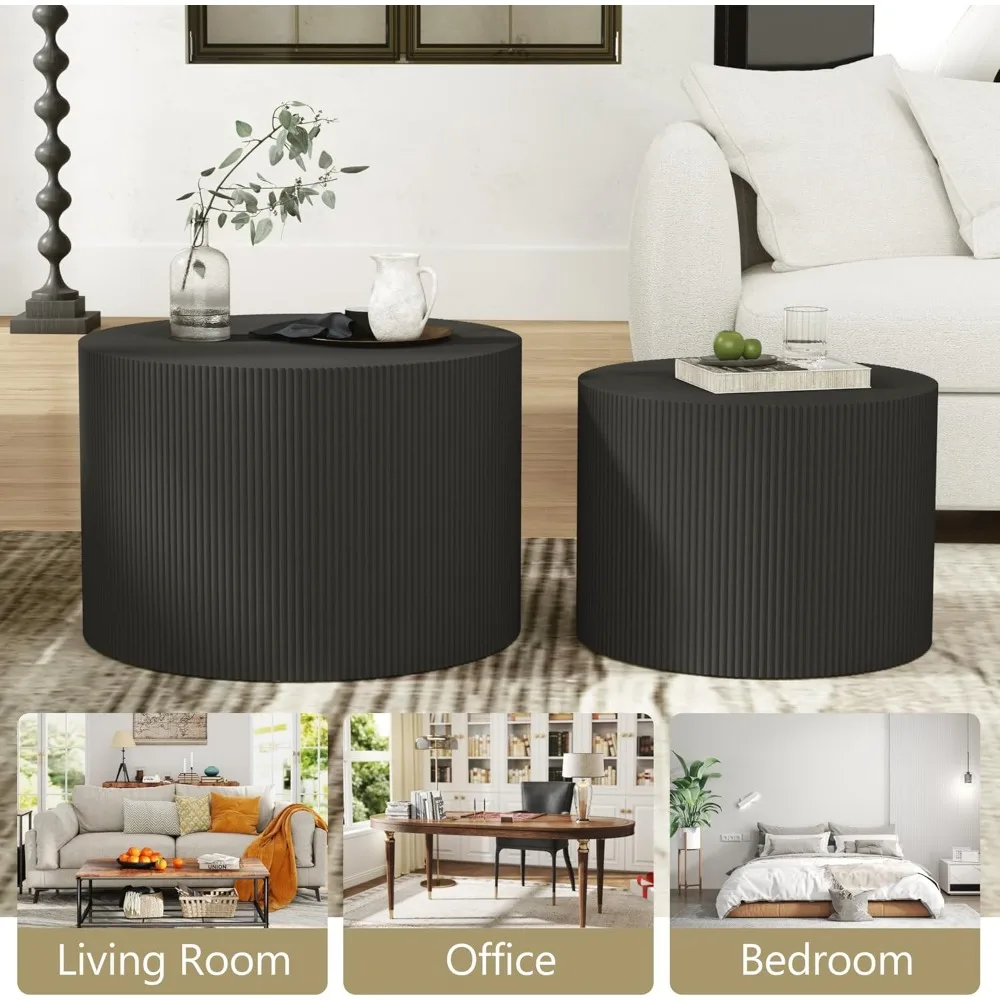 Tavolino rotondo nero set di 2, tavolini da caffè moderni impilabili in legno per soggiorno, tavolini circolari senza montaggio richiesto