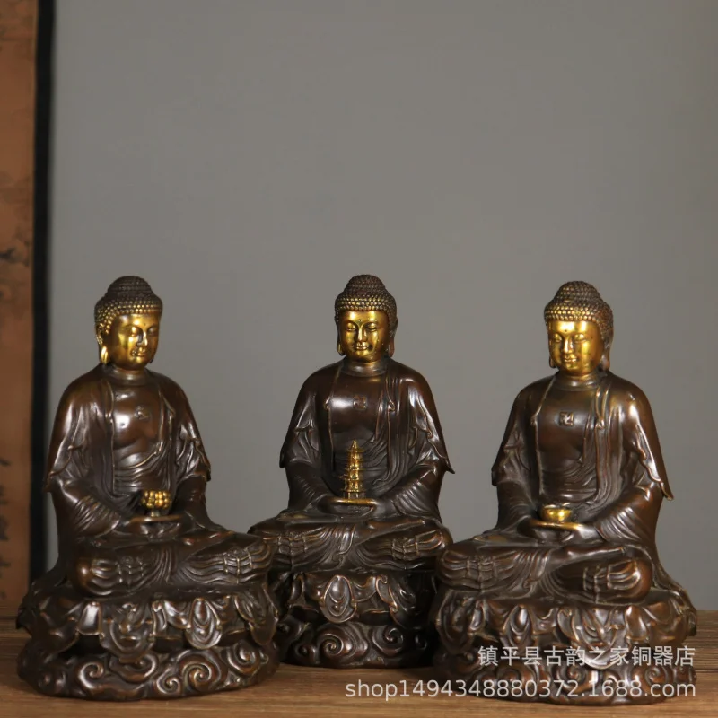 Bronze Pure Copper Medicine Shakyamuni Amitabha Buddha Brass Crafts Ornament Three Saints Sitt