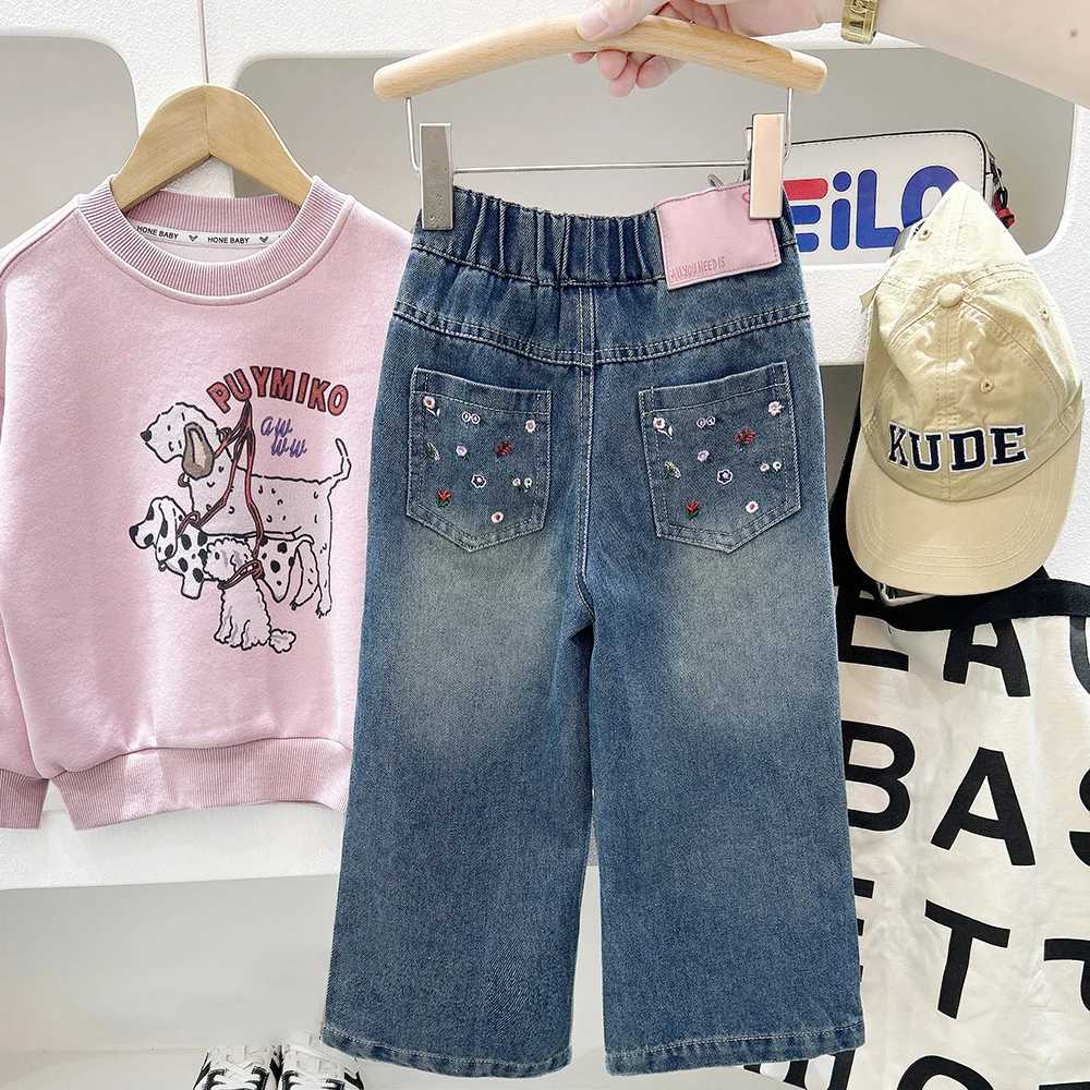 

UNITIM Children 4-6Y Girls Jeans Autumn Flower Embroidery Toddler Kids Girls Straight Leg Pants Ins Little Girls Casual Trouser