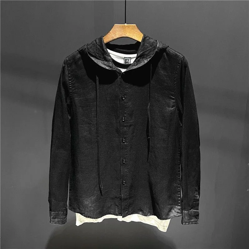 

Spring and Autumn New Fashion Men's Style Pure Linen Black Hooded Long Sleeve Shirt Versatile Fashion Brand Youth Casual Simple