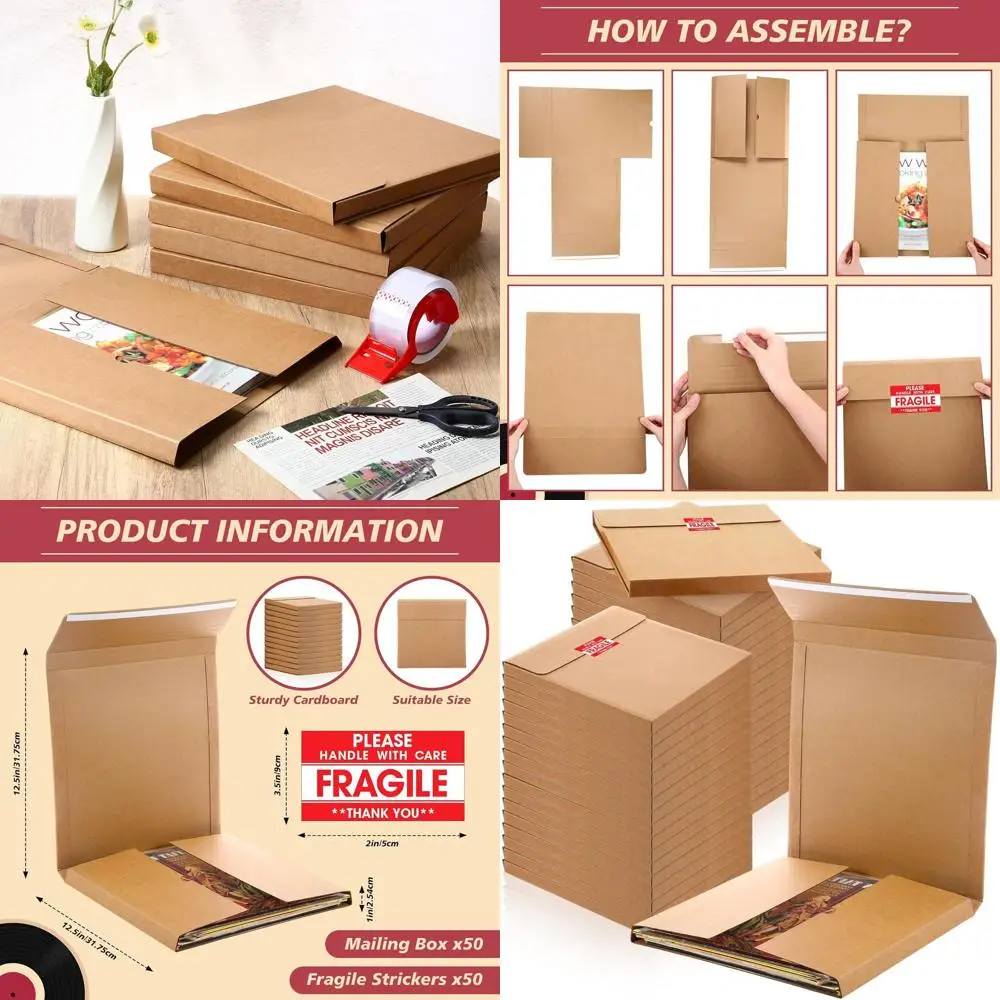 

50 упаковок коробок для виниловых пластинок 12,5 x 12,5 x 1 дюймов с наклейками «Хрупкое» для отправки и хранения