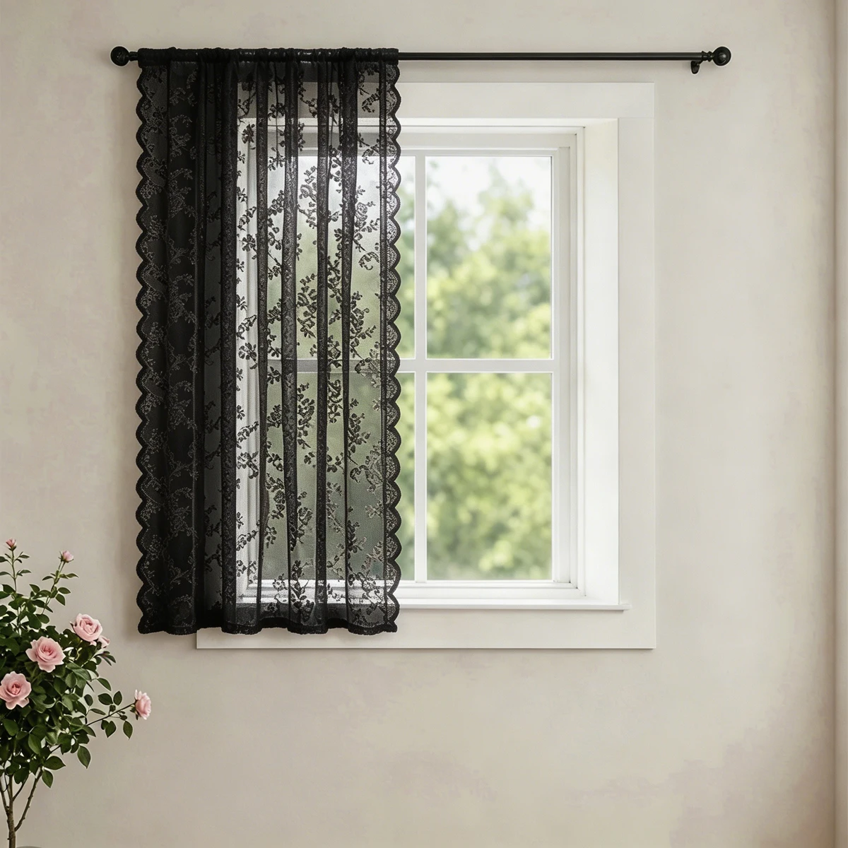 1 Stück französischer Vintage-Rosenspitzenvorhang mit wellenförmigen Rändern, kleiner dekorativer Fenstervorhang ohne Löcher – Detail 10