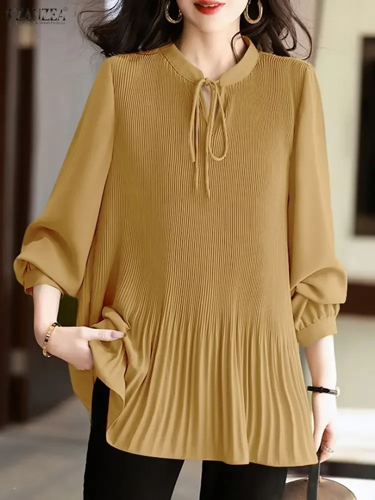 

2025 ZANZEA Fashion Women Blouse Autumn Long Lantern Sleeve Solid Shirts Elegant Office Tunic Stand Collar Pleated Ruffled Tops