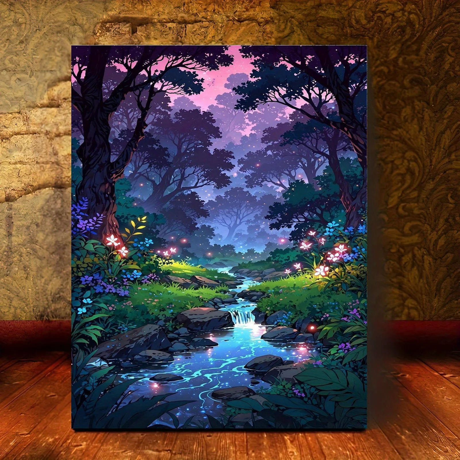 Professional Art Use: A Frameless Digital Oil Painting Kit Featuring a Dreamy Forest Stream with Blooming Flowers and a Shimm