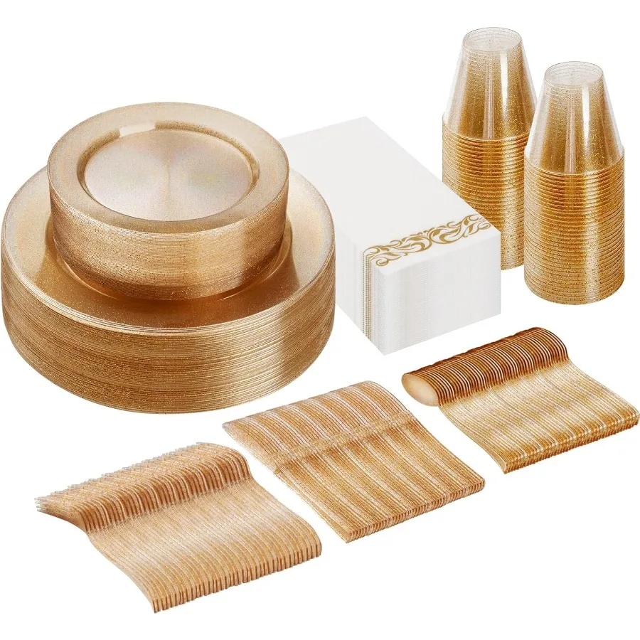 

175 Piece Disposable Dinnerware Set for 25 Guests Suitable for Outdoor Events Weddings and Birthday Parties with 50 Gold Glitte