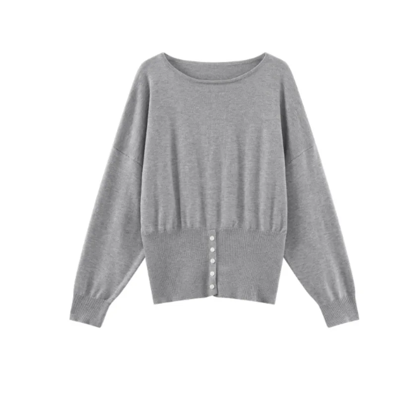 Botão hem malha superior único split design camisola feminina solto ajuste casual manga longa pulôver minimalista chique malhas para o outono