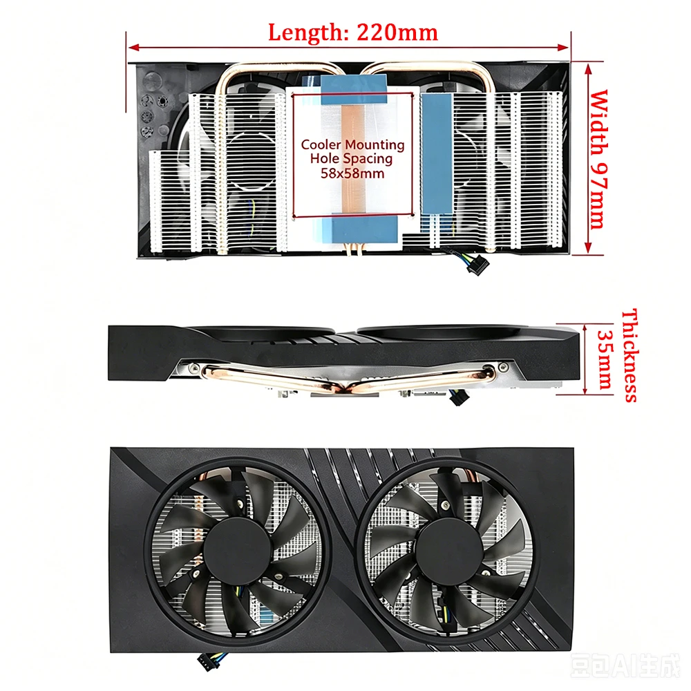 Reference Design GTX 1060 Graphics Card Cooler with Two Heat Pipes Dual Fans Mounting hole spacing: 58mm x 58mm x 58mm x 58mm