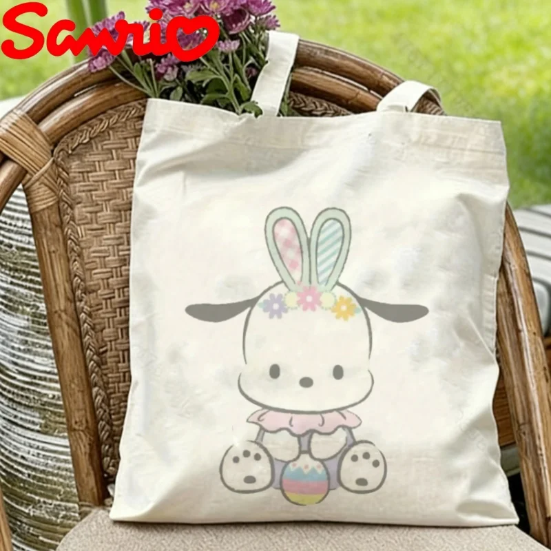 

1PC Sanrio Pochacco Canvas Tote Bag Cute Floral Headband Print Double-sided Eco Shopping Bag