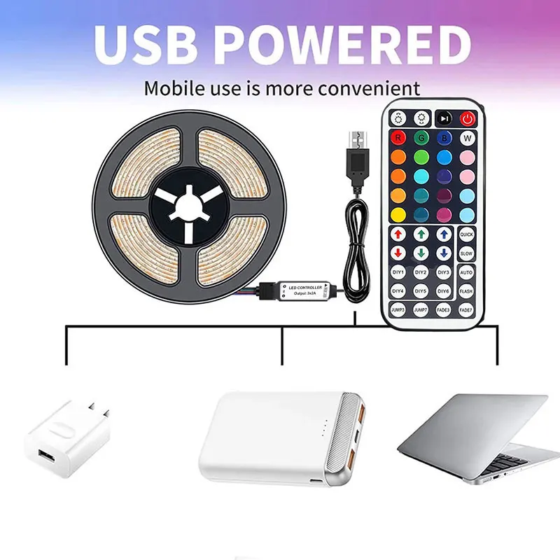 5V RGB Flexible LED Strip Lights, Color Changing Atmosphere Tape Light with 44 Keys Remote for Bedroom Indoor Home Decoration