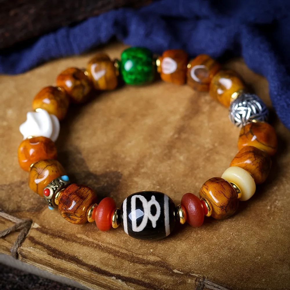 Tibetan Yak Bone Bodhi Seed Bead Bracelet with God of Wealth Dzi Bead Green Horn Antler Ethnic Style Bracelet Gifts